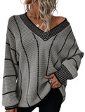 Retro V-neck loose striped sweater