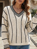 Retro V-neck loose striped sweater