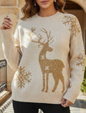 Deer jacquard crew neck knit sweater