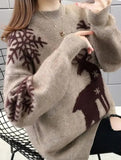 Deer jacquard crew neck knit sweater