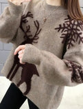 Deer jacquard crew neck knit sweater