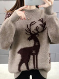 Deer jacquard crew neck knit sweater