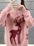 Deer jacquard crew neck knit sweater