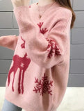 Deer jacquard crew neck knit sweater