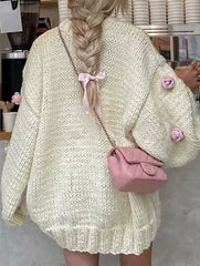 LAZY STYLE CREAMY WHITE FLORAL EMBELLISHED SWEATER