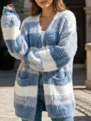 Gentle gradient striped plush cardigan_CWOSWL08998