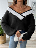 Colorblock Deep V Loose Knit Sweater