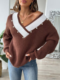 Colorblock Deep V Loose Knit Sweater
