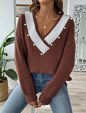 Colorblock Deep V Loose Knit Sweater
