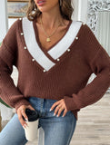 Colorblock Deep V Loose Knit Sweater