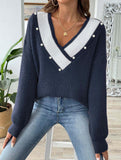 Colorblock Deep V Loose Knit Sweater