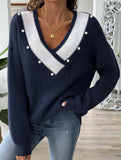 Colorblock Deep V Loose Knit Sweater