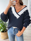 Colorblock Deep V Loose Knit Sweater