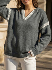 Loose V Neck Hooded Knit Sweater_CWOSWL09132