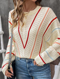 V Pattern Hollow Knit Sweater Top_CWOSWL09138