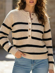 Button Stripe Loose Lazy Knit Sweater_CWOSWL09139