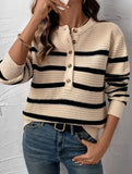 Button Stripe Loose Lazy Knit Sweater_CWOSWL09139