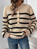 Button Stripe Loose Lazy Knit Sweater_CWOSWL09139