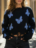 Ripped butterfly jacquard knit sweater for women_CWOSWL09201