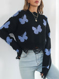 Ripped butterfly jacquard knit sweater for women_CWOSWL09201