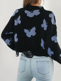 Ripped butterfly jacquard knit sweater for women_CWOSWL09201