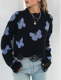 Ripped butterfly jacquard knit sweater for women_CWOSWL09201