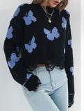 Ripped butterfly jacquard knit sweater for women_CWOSWL09201