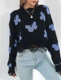 Ripped butterfly jacquard knit sweater for women_CWOSWL09201