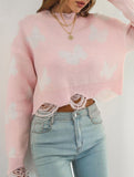 Ripped butterfly jacquard knit sweater for women_CWOSWL09201