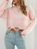 Ripped butterfly jacquard knit sweater for women_CWOSWL09201