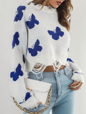 Ripped butterfly jacquard knit sweater for women_CWOSWL09201