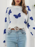Ripped butterfly jacquard knit sweater for women_CWOSWL09201