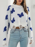 Ripped butterfly jacquard knit sweater for women_CWOSWL09201