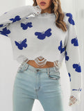 Ripped butterfly jacquard knit sweater for women_CWOSWL09201