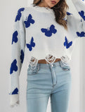 Ripped butterfly jacquard knit sweater for women_CWOSWL09201