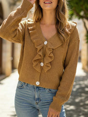 Women's loose-fitting knitted cardigan with ruffles_CWOSWL09203