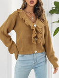 Women's loose-fitting knitted cardigan with ruffles_CWOSWL09203