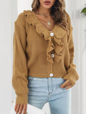 Women's loose-fitting knitted cardigan with ruffles_CWOSWL09203