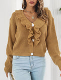 Women's loose-fitting knitted cardigan with ruffles_CWOSWL09203
