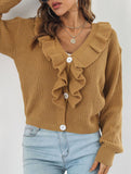 Women's loose-fitting knitted cardigan with ruffles_CWOSWL09203