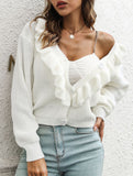 Women's loose-fitting knitted cardigan with ruffles_CWOSWL09203