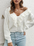 Women's loose-fitting knitted cardigan with ruffles_CWOSWL09203