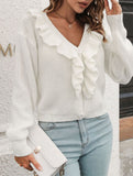 Women's loose-fitting knitted cardigan with ruffles_CWOSWL09203