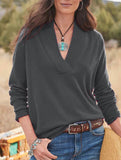 V-neck solid color loose long-sleeved top for women_CWOSWL09206