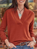 V-neck solid color loose long-sleeved top for women_CWOSWL09206