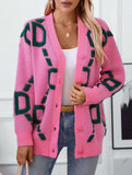 Letter Embroidered Button Knit Long Cardigan