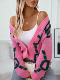 Letter Embroidered Button Knit Long Cardigan