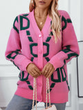 Letter Embroidered Button Knit Long Cardigan
