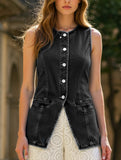 Retro Round-Neck Cinched Waist Denim Vest ??Classic Denim Outerwear for Women