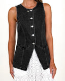 Retro Round-Neck Cinched Waist Denim Vest – Classic Denim Outerwear for Women